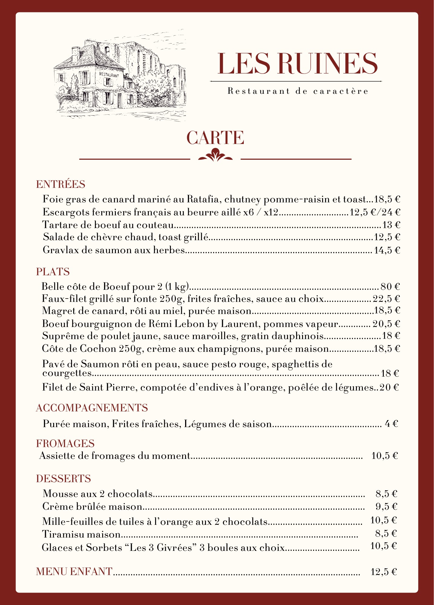 Le menu du moment - Les Ruines